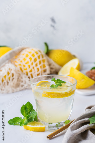 Hard seltzer cocktail with lemon and zero waste bartenders accessories