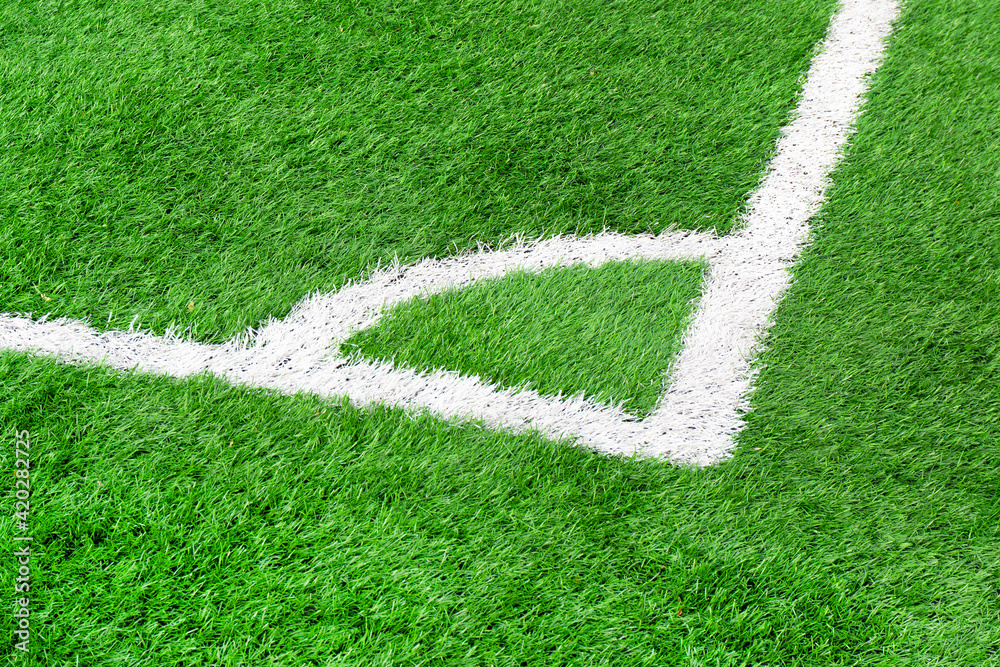 The corner of a soccer field close up. Corner in football. Corner markings on the football field. Green grass on the soccer field.