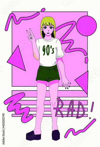 Poster with anime girl personage, cartoon female character. Cover illustration in vaporwave and memphis aesthetics style of the 90's.