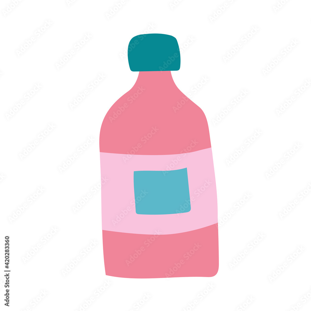 Bright pink bottle for cosmetics. Vector illustration with a container of shampoo, gel or aromatic oil. Icon in doodle hand drawn style Bright pink bottle for cosmetics. Vector illustration with a container of shampoo, gel or aromatic oil. Icon in doodle hand drawn style