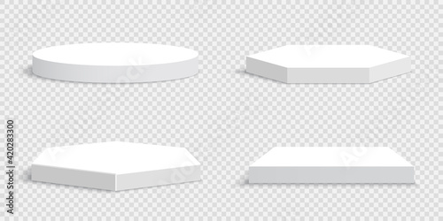 Set of white blank podiums on transparent background. Pedestals. Scene. Boxes. Vector illustration.