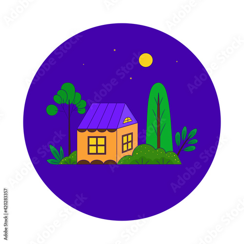 Country house at night icon. Cottage in the countryside with trees and bushes.