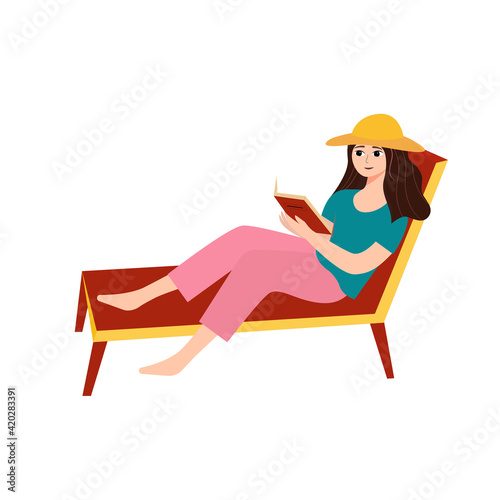 The girl is resting on a chaise longue and reading a book. Relaxing holiday in outdoor concept. Vector illustration ona white background in cartoon style