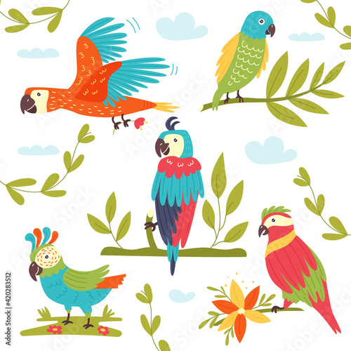 Set of tropical colorful vector parrots. Vector illustration of a parrot on white background
