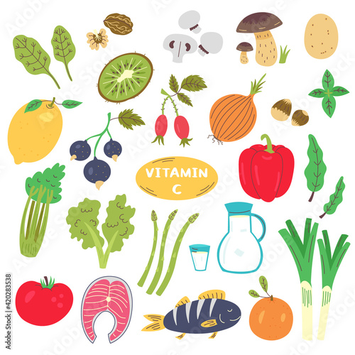 Vitamin C Food Source Set. Bundle of healthy foods: vegetables, herbs, fruits, dried fruit, meat. Vector flat cartoon clipart