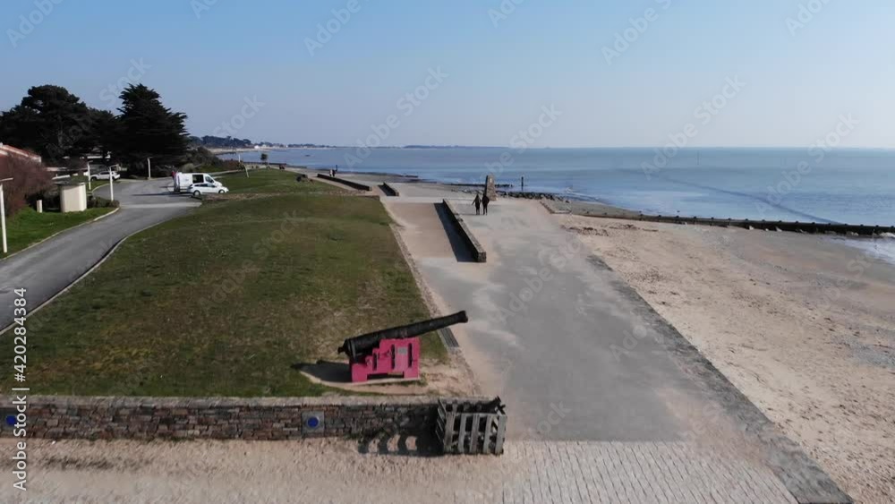 aerial view of the canons of Port Royal in Bernerie en Retz then atlantic bay front. Cinematic touristic shot in idyllic place for holidays