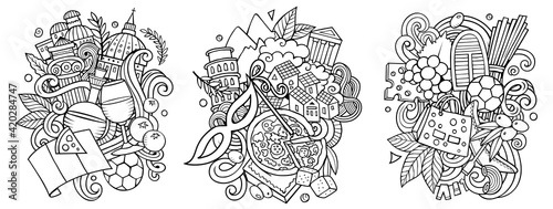 Italy cartoon vector doodle designs set.