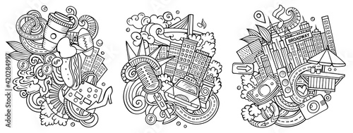 New York cartoon vector doodle designs set.