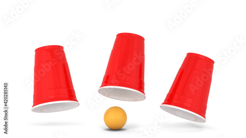 Canvastavla Shell game. Three red plastic cups