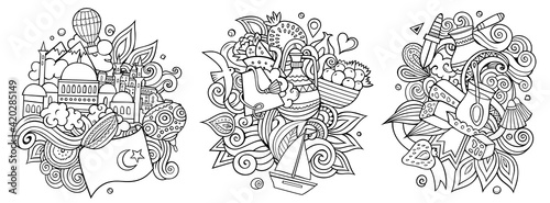 Turkey cartoon vector doodle designs set.