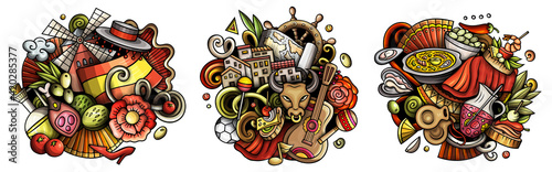 Spain cartoon vector doodle designs set.
