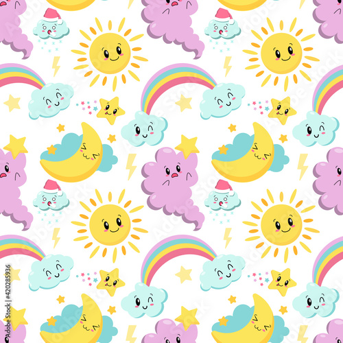seamless pattern with cute kawaii  cloud  rainbow and sun - vector illustration