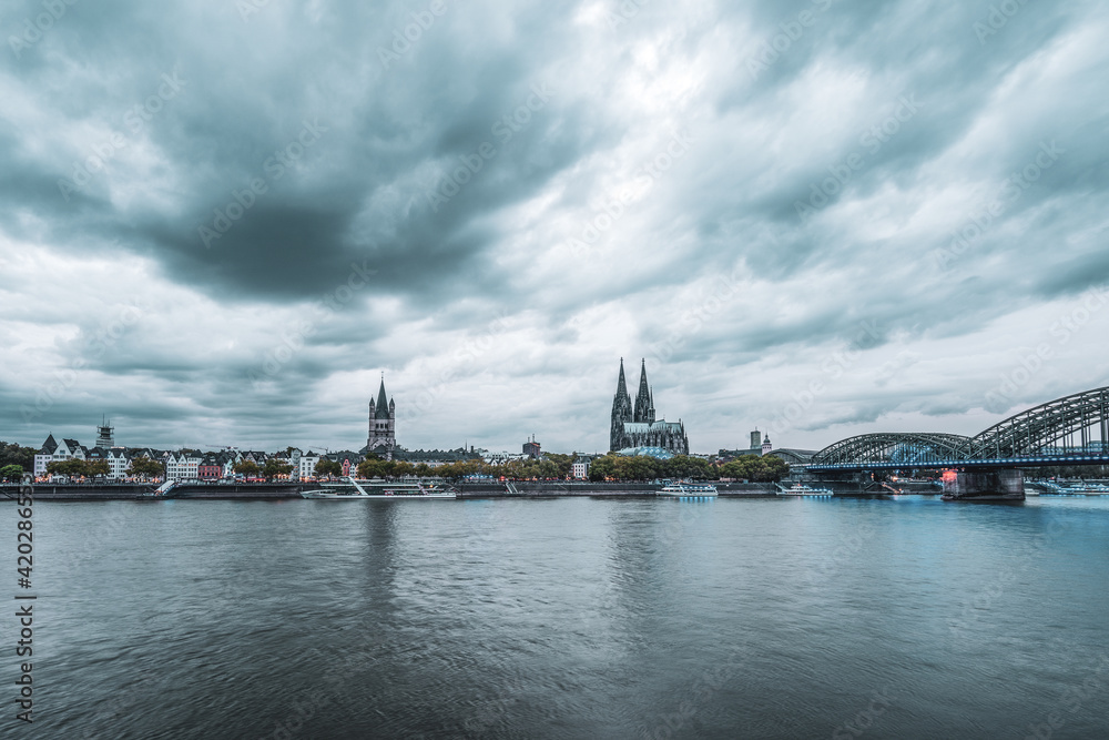 Panoramic view of Cologne old town with Cologne Cathedral, Germany.