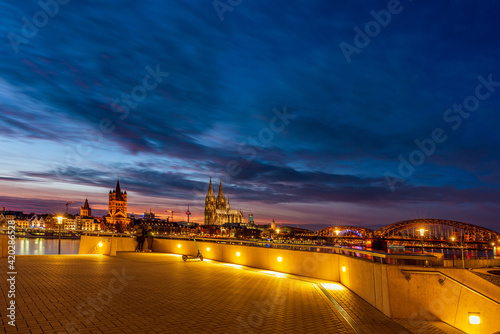 Panoramic view of Cologne Cathedral at the blue hour, Germany.