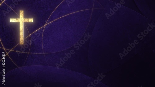 Golden Christian Cross on liturgic violet purple copy space banner background loop. 3D animation for online worship church sermon in Advent and Lent. Concept symbolizing penance sacrifice mourning. photo