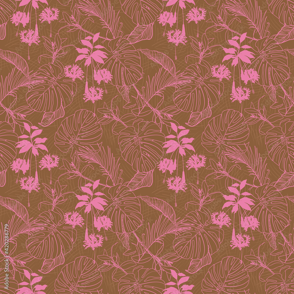 Retro sweet Tropical Jungle leaves seamless pattern pink and brown ,Layer on line texture with palm leaves and exotic forest leaf. Design for fashion , fabric, textile, wallpaper, cover, web ,