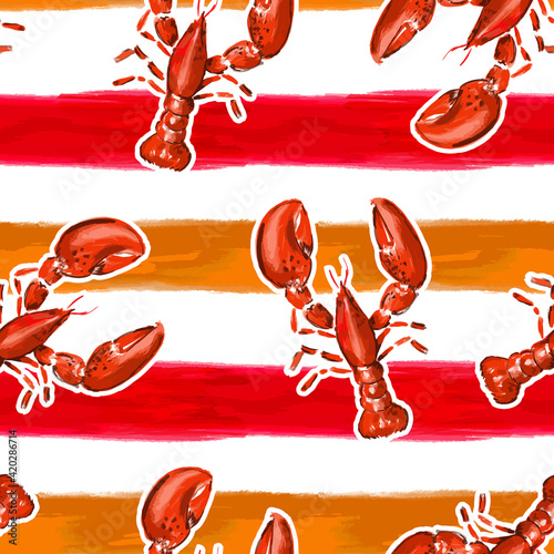 Vector of watercolour Summer Red lobster on brushed horizontal orange stripe seamless pattern, Design for fashion , fabric, textile, wallpaper, cover, web , wrapping