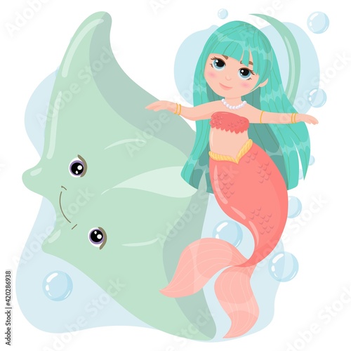Cute cartoon mermaid with electric stingray. Little Mermaid with Green Hair and Pink Tail. A magical creature. Vector illustration isolated on white background.