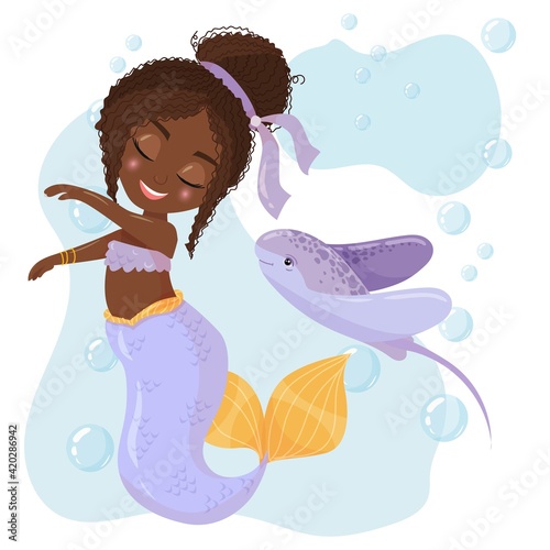 Cute cartoon mermaid with electric stingray. Mermaid with Dark Hair and Purple Tail. Hammerhead shark. A magical creature. Vector illustration isolated on white background.