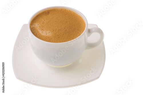 Close up view of brewed cup coffee isolated on white background. Food and drinks concept.