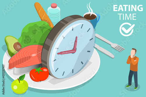 3D Isometric Flat Vector Conceptual Illustration of Eating Time.