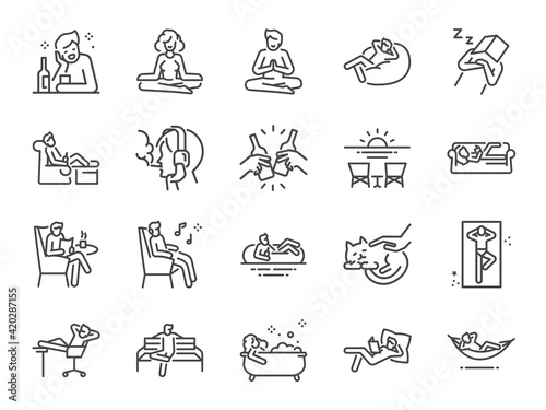 Relax line icon set. Included the icons as chill, take a rest, recreation, relaxation, calm, and more. photo