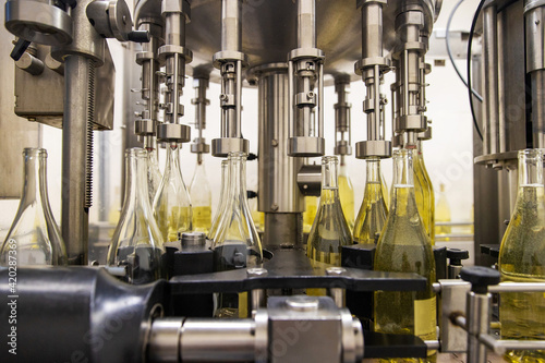 White wine bottled at winery in bottling conveyer machine