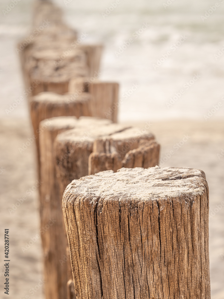 Close-up of pole heads or wave-breakers disappearing in North Sea in Holland with a blurry background Close-up of pole heads or wave-breakers disappearing in North Sea in Holland with a blurry background