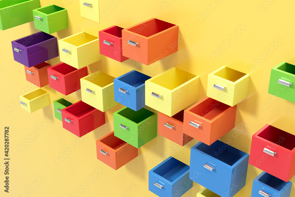 pull-out colorful drawers 3d Rendering