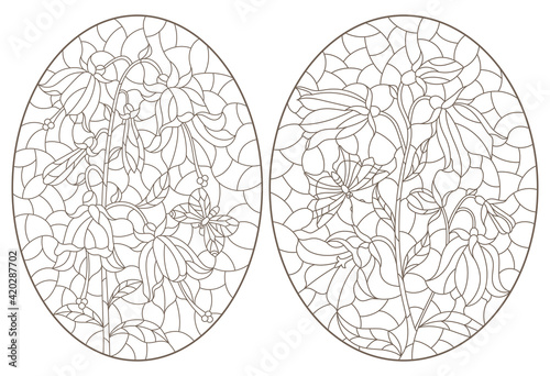 Set of contour illustrations with flowers, bells and butterflies, dark outlines on a white background, oval images