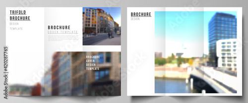 Vector layouts of covers design templates for trifold brochure, flyer layout, book design, brochure cover, advertising mockups. Abstract halftone effect decoration with dots. Dotted pattern decoration