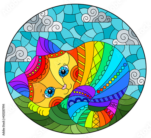 Illustration in stained glass style with abstract cute rainbow cat on a blue background, oval image