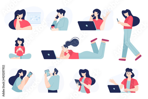 Set of flat design people concepts of communication, use of mobile, tablet and laptop, social network. Vector illustrations for graphic and web design, business presentation, marketing material. 
