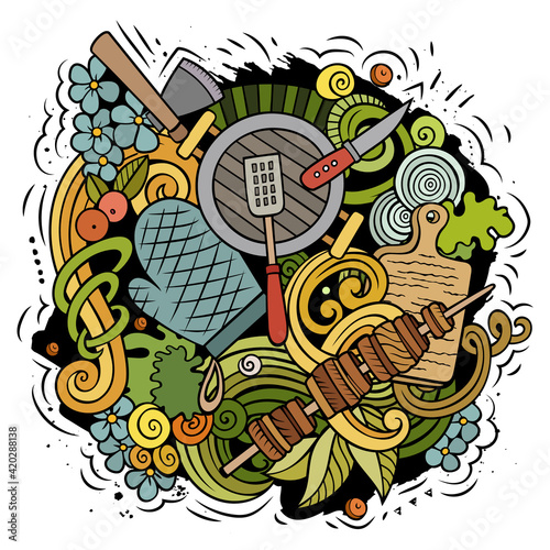 Picnic cartoon doodle illustration. Funny design.