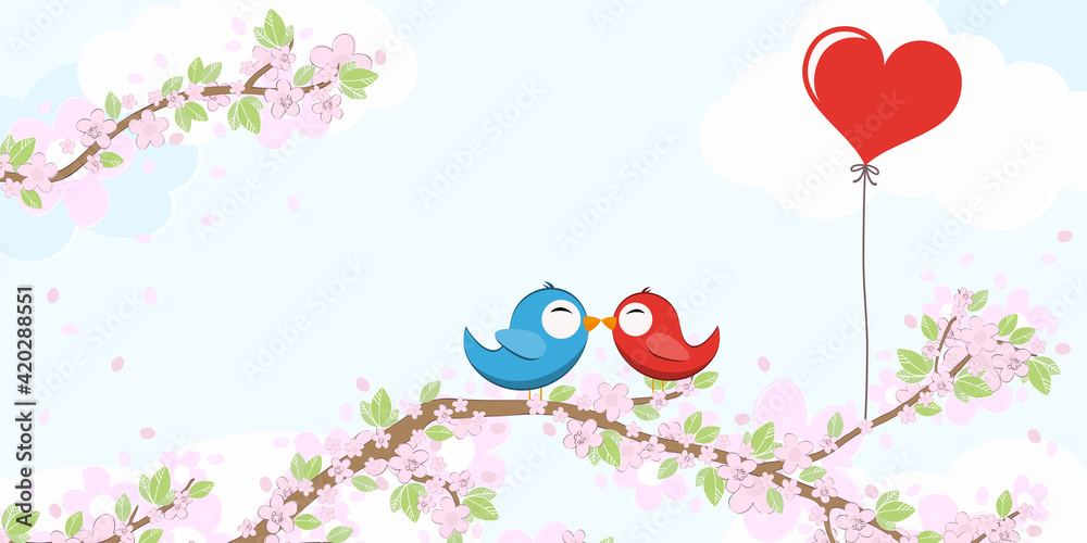 Birds in love on blossom branches Birds in love on blossom branches