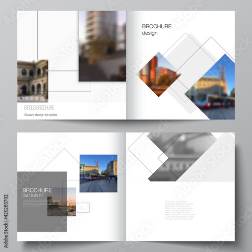Vector layout of two covers templates with geometric simple shapes, lines and photo place for square design bifold brochure, flyer, magazine, cover design, book, brochure cover.