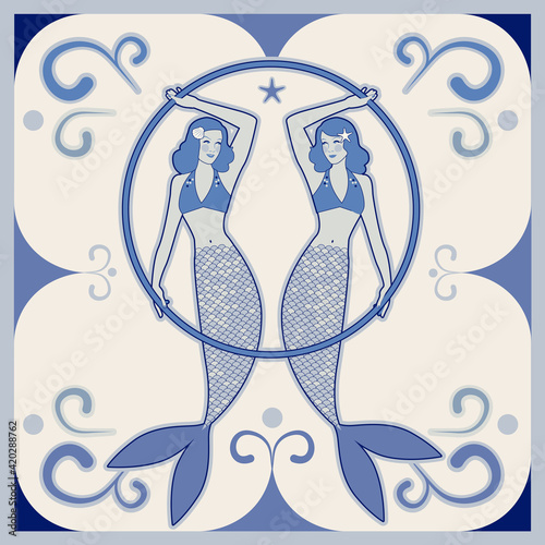 Illustrated ceramic tile. Two beautiful twin mermaids, retro style, holding a hoop.