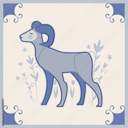 Illustrated ceramic tile. Ram inside in an ornamental frame and flowers. Medieval style
