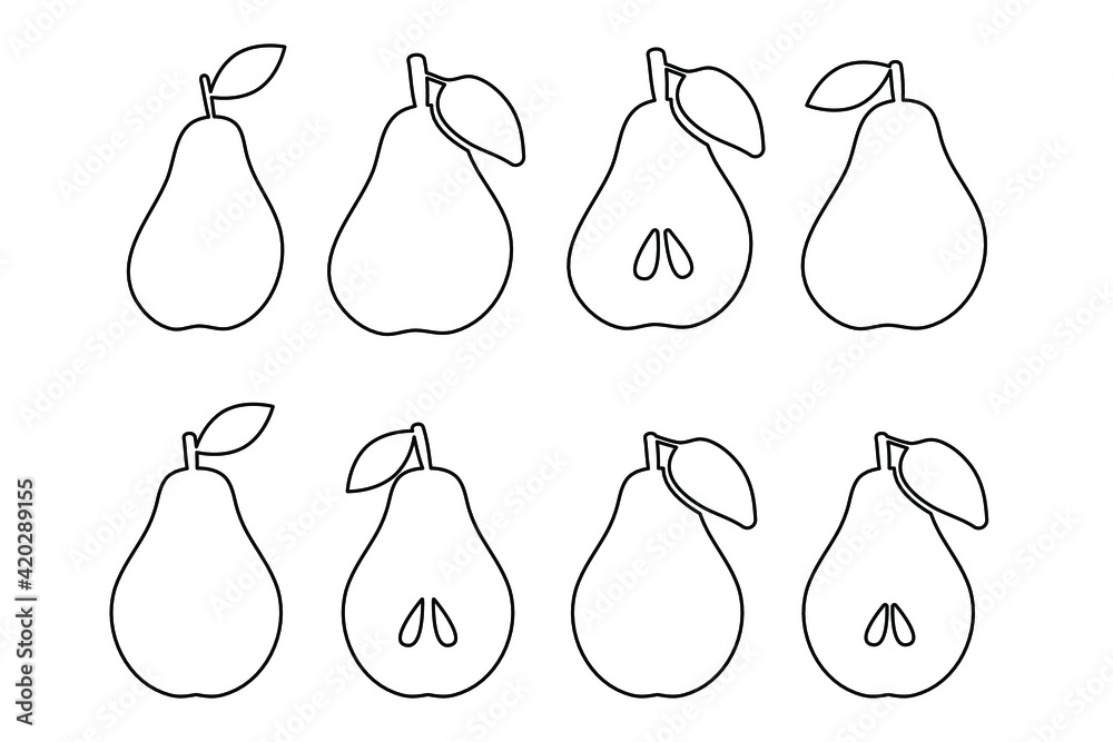 Pear. Minimalistic simple fruit element. Outline, line, doodle style. Sliced pears with seeds. Isolated on a white background. Vector illustration. Pear. Minimalistic simple fruit element. Outline, line, doodle style. Sliced pears with seeds. Isolated on a white background. Vector illustration.