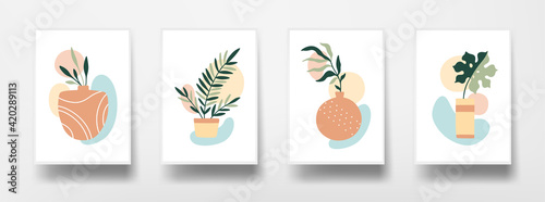 Botanical floral wall art set. Abstract plants graphics on white sheet of paper. Home decor wall posters. Flat design modern background. Vector illustration.