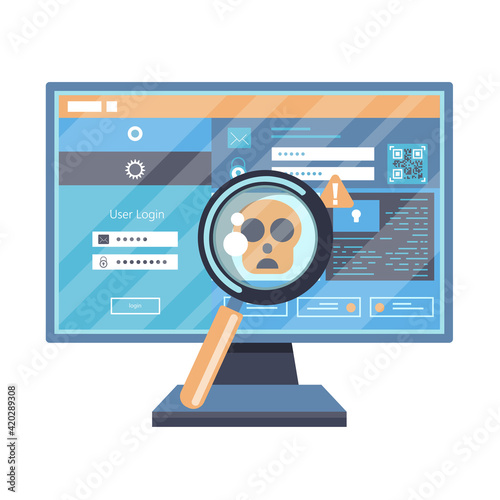 Malware concept. Concept of virus, piracy, hacking and security. Website banner of e-mail protection, anti-malware software. Computer Viruses Attack, Errors detected, Warning signs, Stealing data.
