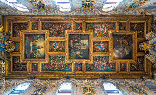 Photography The marvelous frescoed vault from the Basilica of San Bartolomeo all'Isola, on the Tiberina Island in Rome, Italy