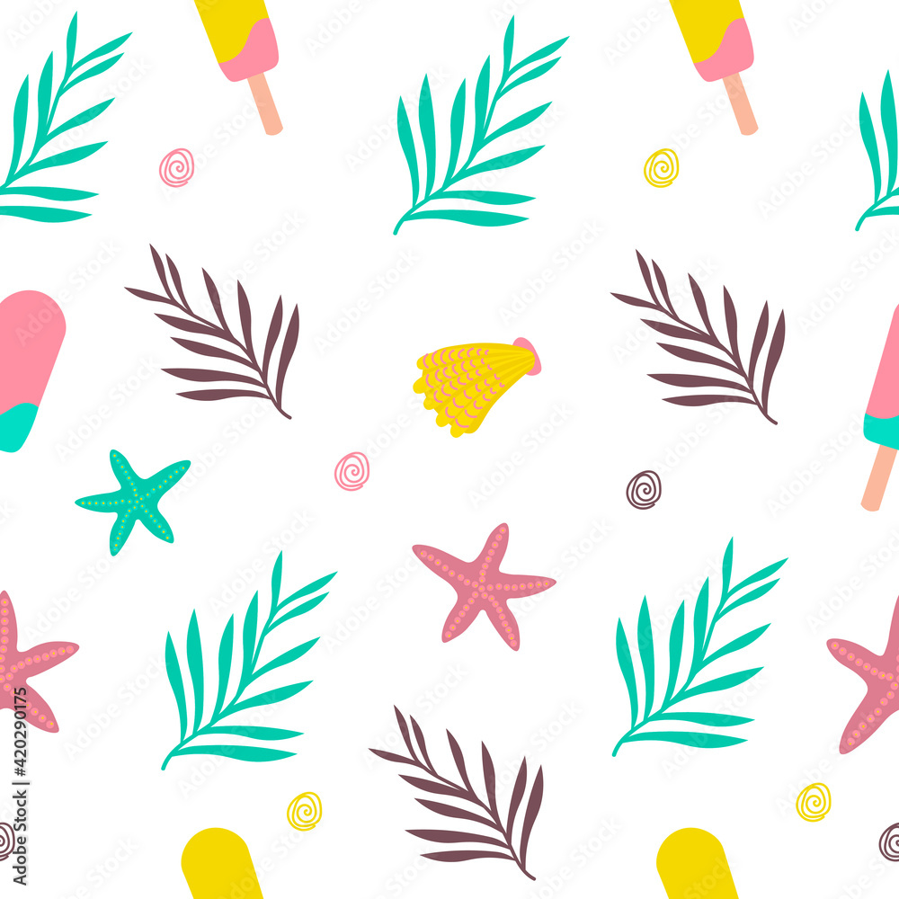 Seamless pattern of summer tropical leaves starfish seashells ice cream. vector background Seamless pattern of summer tropical leaves starfish seashells ice cream. vector background