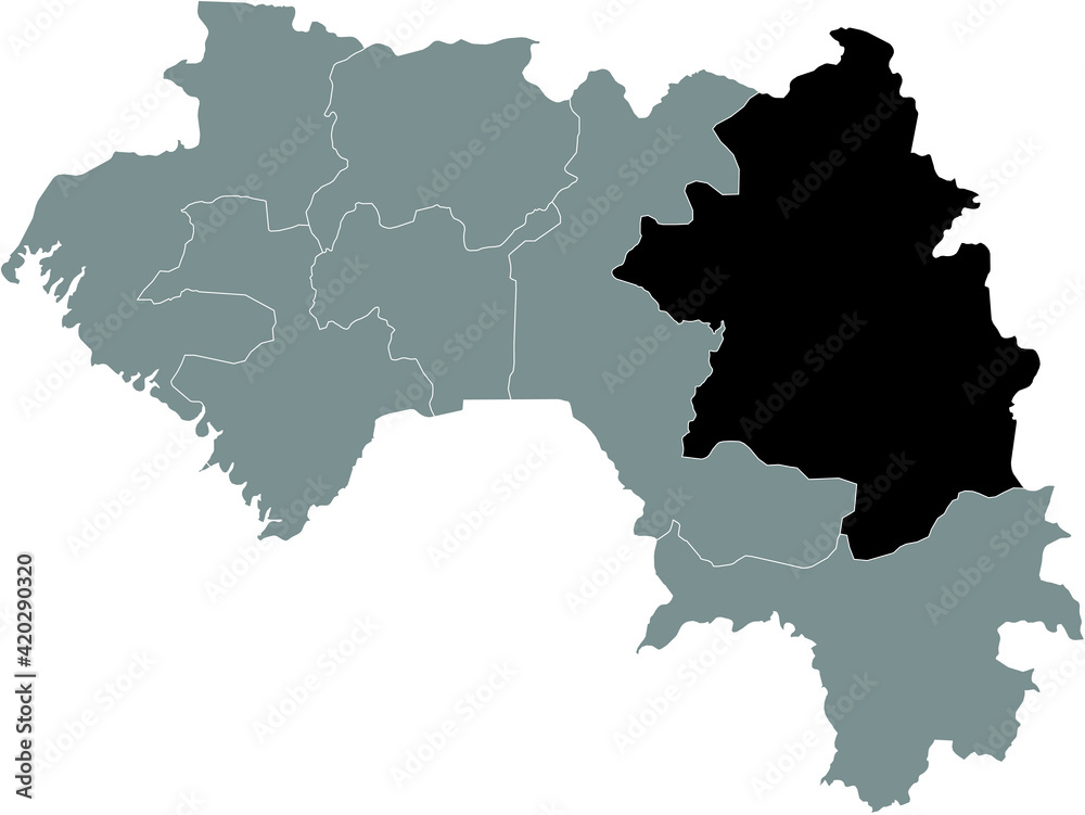 Obraz premium Black highlighted location map of the Guinean Kankan region inside gray map of the Republic of Guinea