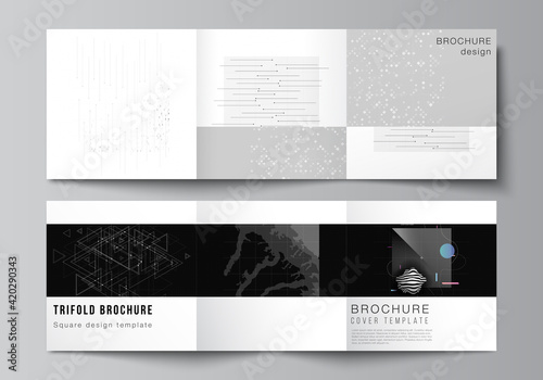 Vector layout of square covers templates for trifold brochure, flyer, magazine, cover design, book design. Abstract technology black color science background.Digital data. Minimalist high tech concept