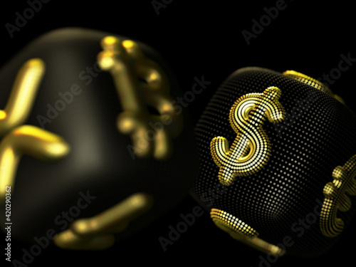 Digital 3D golden dices with cryptocurrency and fiat currency symbols Bitcoin and Dollar. Concept of fortune in crypto investing and stock exchange trading. Black background. Vector illustration