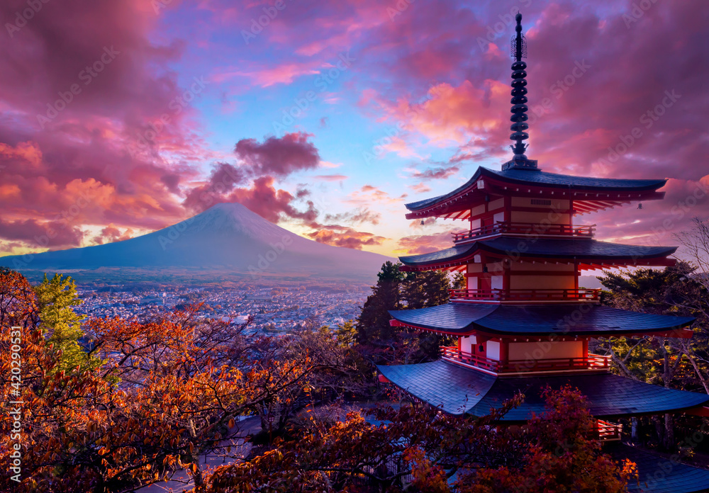 Fototapeta premium Japan traditional temple. Fujiyoshida city view. Japanese city at foot of Fujiyama. Fujiyama volcano in autumn day. Japan traditional architecture. Landscape from Buddhist Pagoda. Regions of Japan