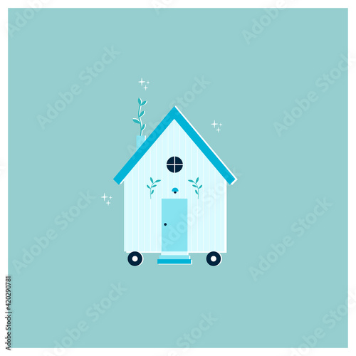 Vector illustration of tiny little  house, mobile home on wheels. Downsizing, compact living. Cartoon flat style.