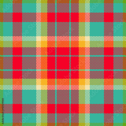 Pixel background vector design. Modern seamless pattern plaid. Square texture fabric. Tartan scottish textile. Beauty color madras ornament.