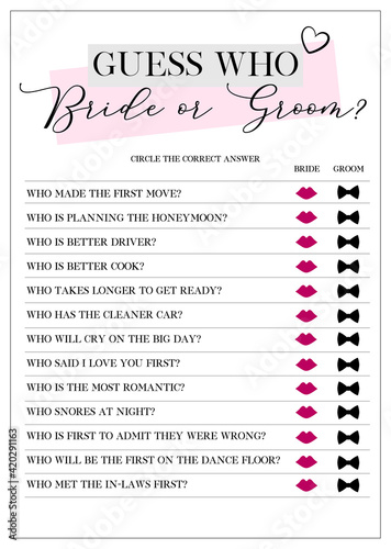 Guess Who Bride or Groom Game, Bridal Shower Games, printable vector card